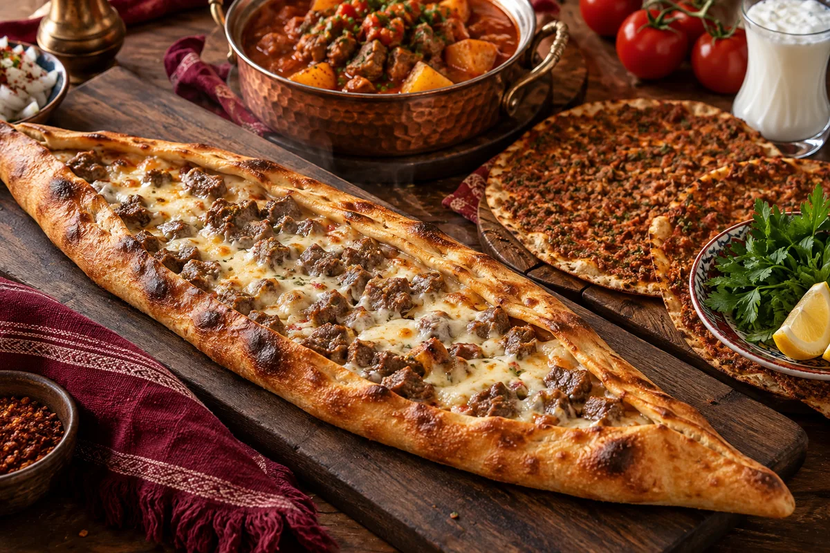 Pide, lahmacun ve sulu yemekten oluşan Türk mutfağı sofrası